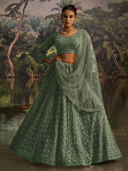Outstanding Green Thread Work Net Reception Wear Lehenga Choli With Dupatta