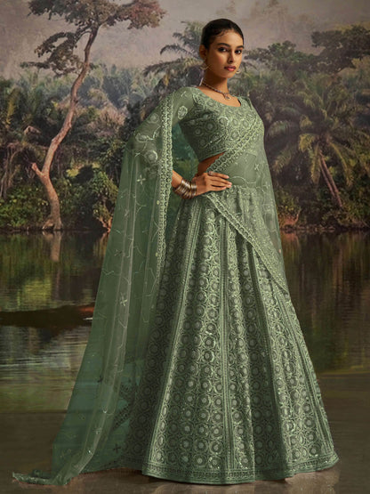 Outstanding Green Thread Work Net Reception Wear Lehenga Choli With Dupatta