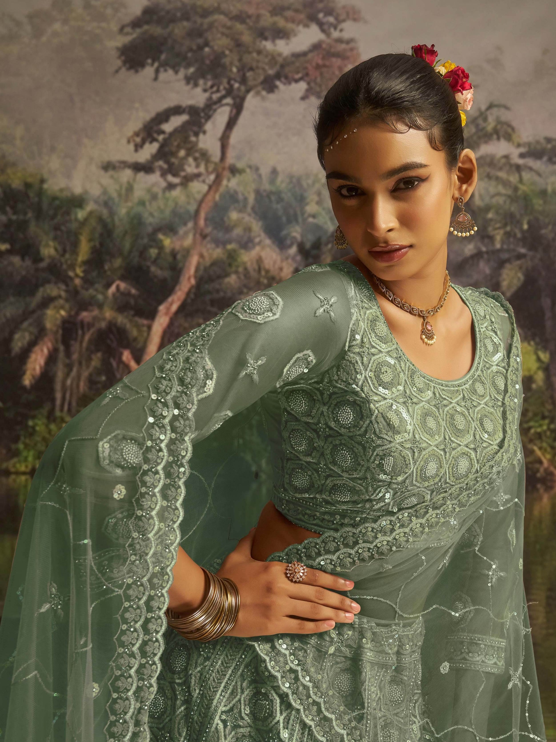Outstanding Green Thread Work Net Reception Wear Lehenga Choli With Dupatta