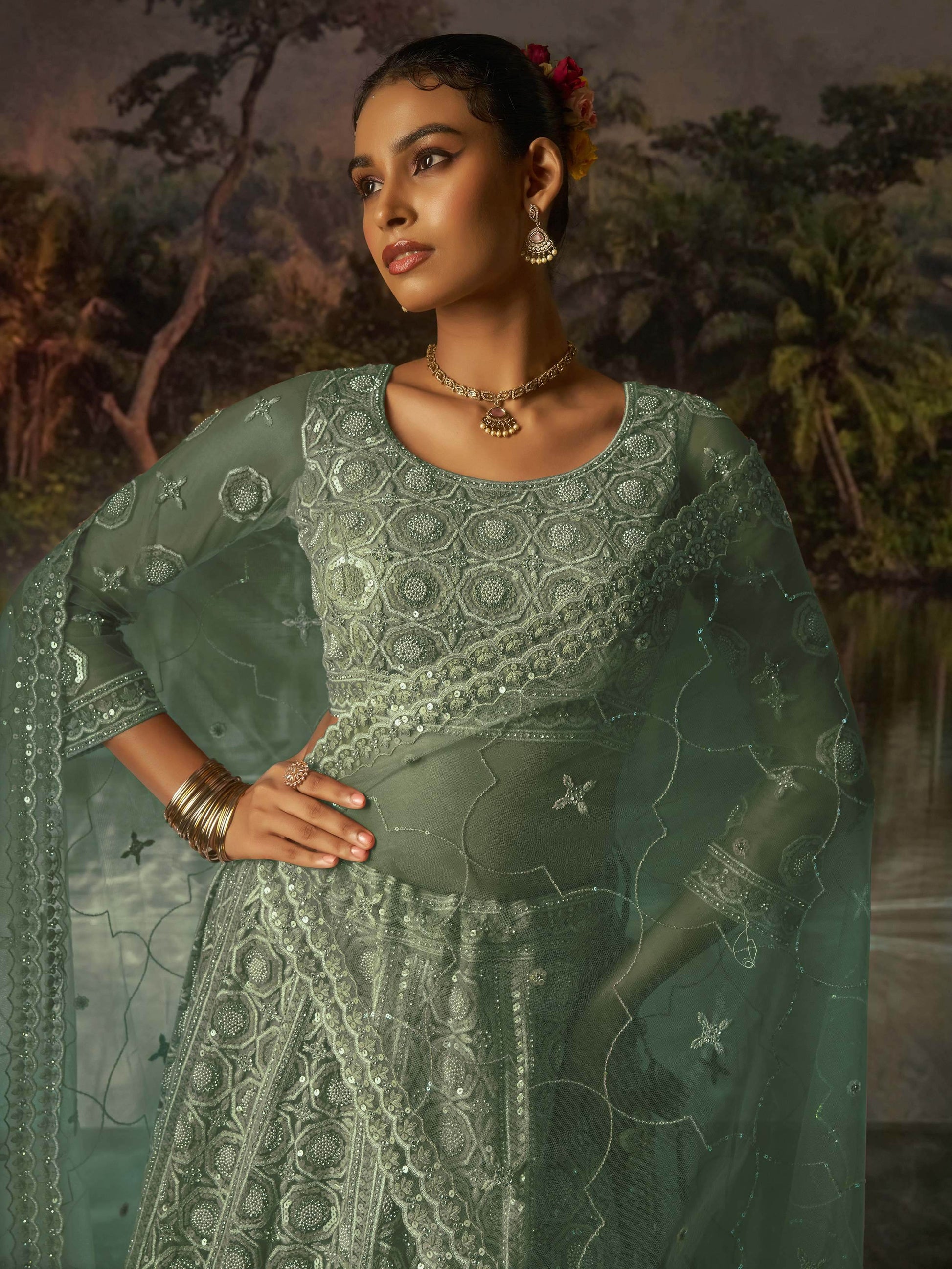 Outstanding Green Thread Work Net Reception Wear Lehenga Choli With Dupatta