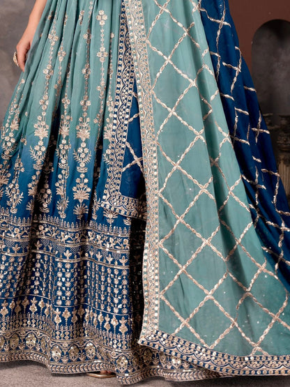 Dreamy Light Blue Sequins Georgette Wedding Wear Lehenga Choli With Dupatta