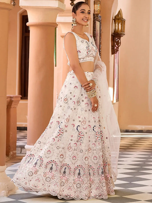 Captivating Cream Floral Embroidery Net Traditional Lehenga Choli With Dupatta