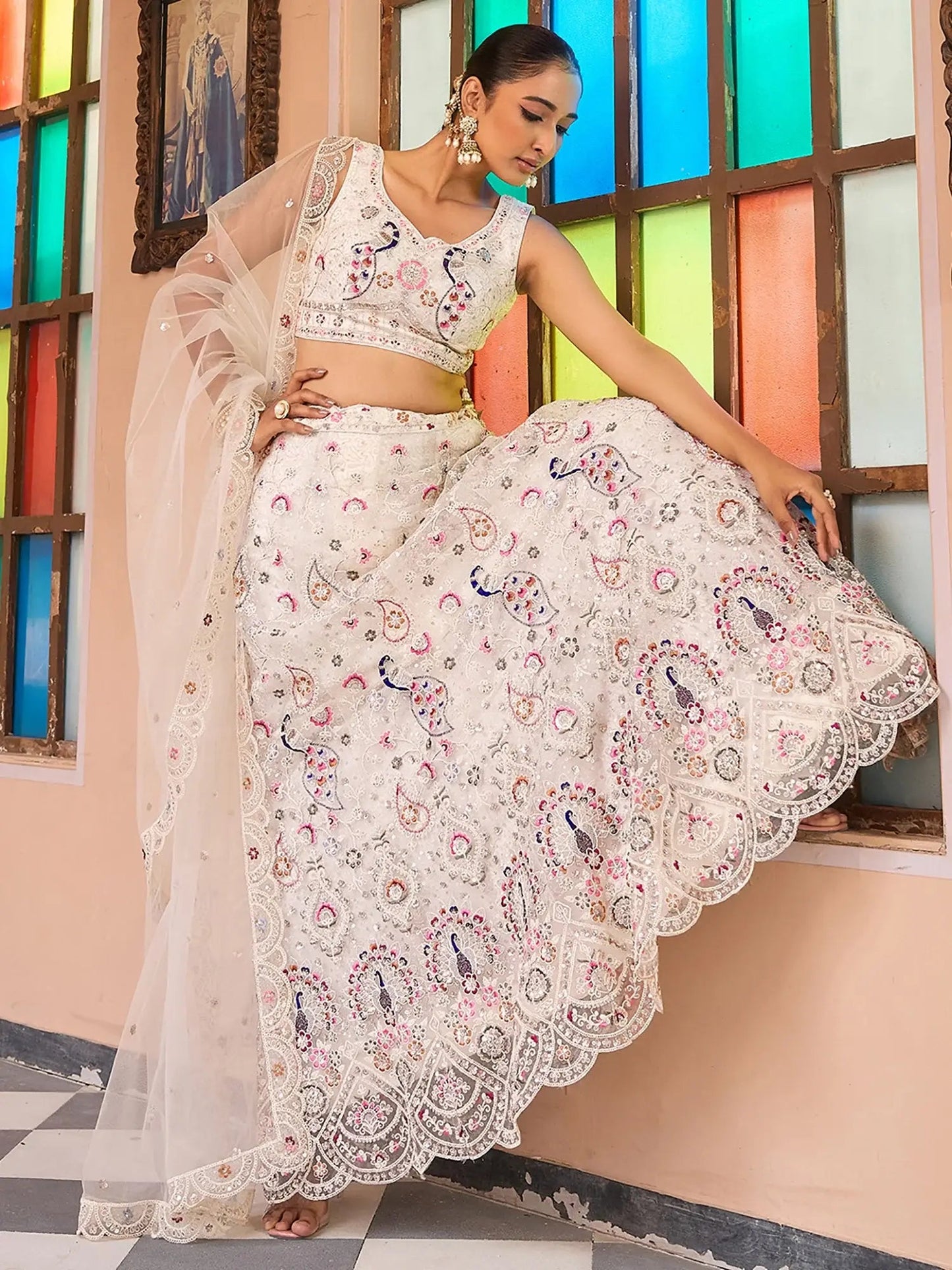Captivating Cream Floral Embroidery Net Traditional Lehenga Choli With Dupatta