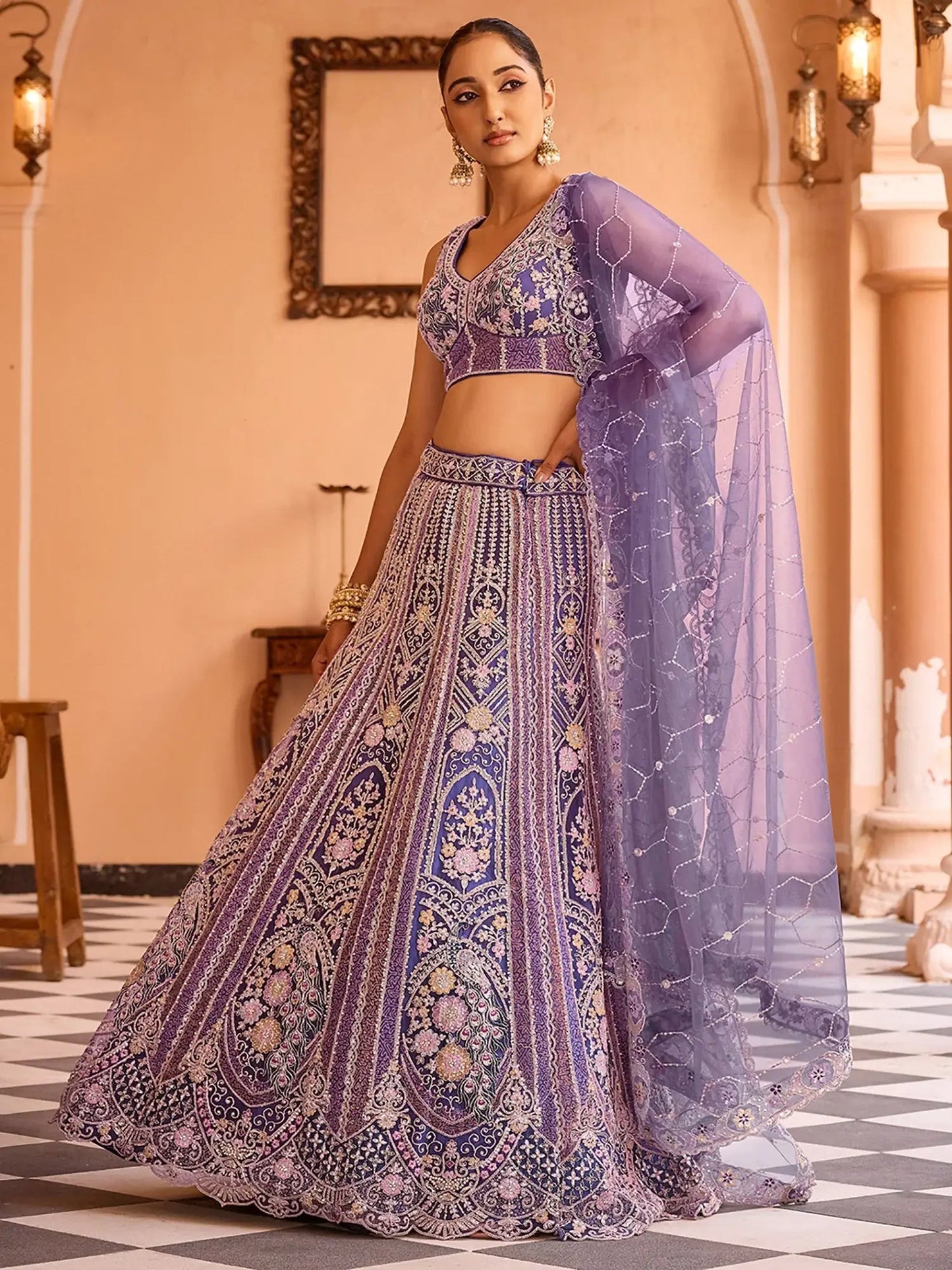 Beautiful Purple Thread Embroidery Net Designer Lehenga Choli With Dupatta