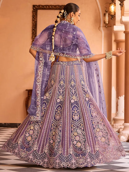 Beautiful Purple Thread Embroidery Net Designer Lehenga Choli With Dupatta