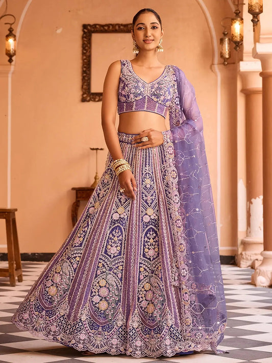 Beautiful Purple Thread Embroidery Net Designer Lehenga Choli With Dupatta