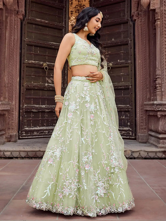 Pretty Pista Green Sequins Embroidery Net Mehendi Wear Lehenga With Blouse