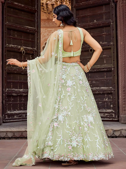 Pretty Pista Green Sequins Embroidery Net Mehendi Wear Lehenga With Blouse