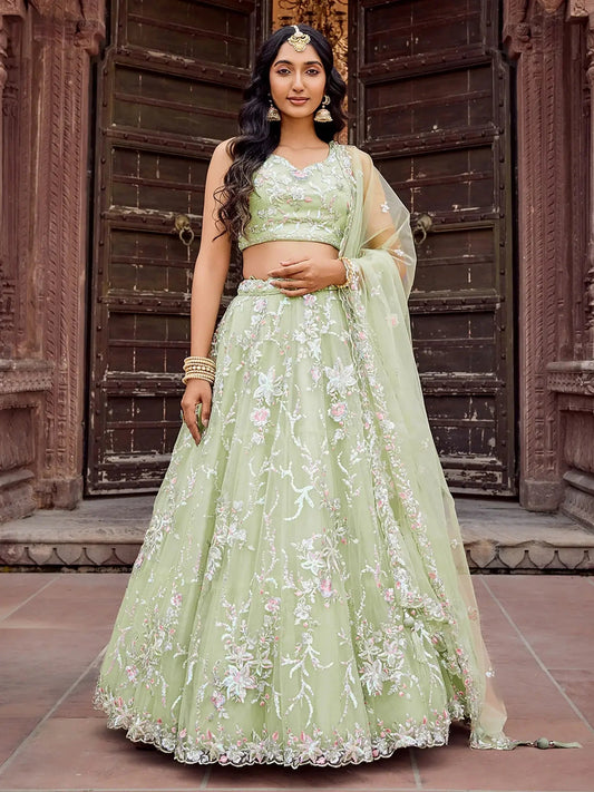 Pretty Pista Green Sequins Embroidery Net Mehendi Wear Lehenga With Blouse