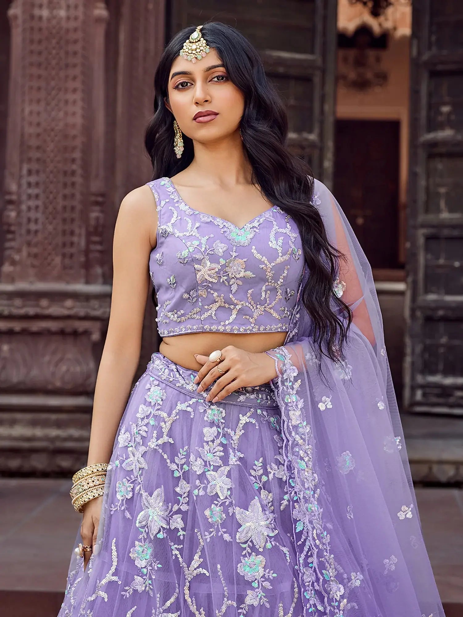 Fantastic Mauve Embroidered Net Sangeet Wear Lehenga Choli With Dupatta