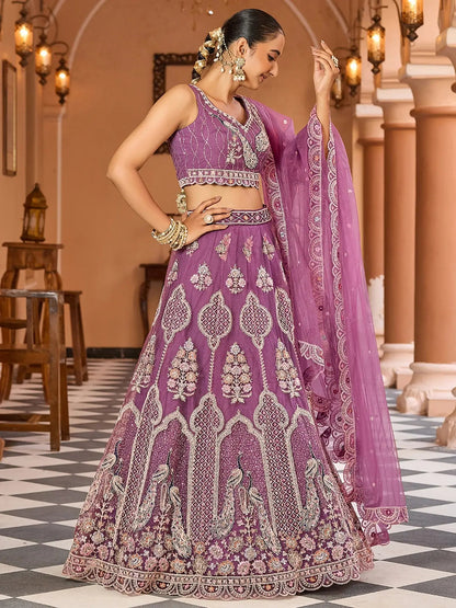 Impressive Lavender Thread Work Net Bridesmaid Lehenga Choli