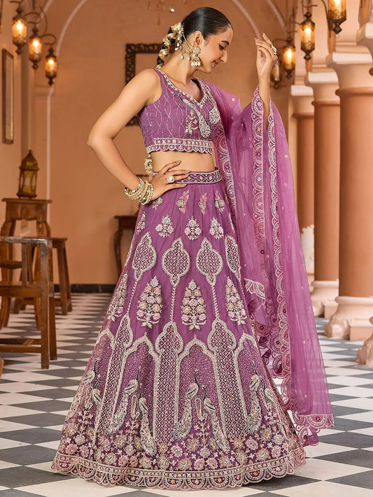 Impressive Lavender Thread Work Net Bridesmaid Lehenga Choli