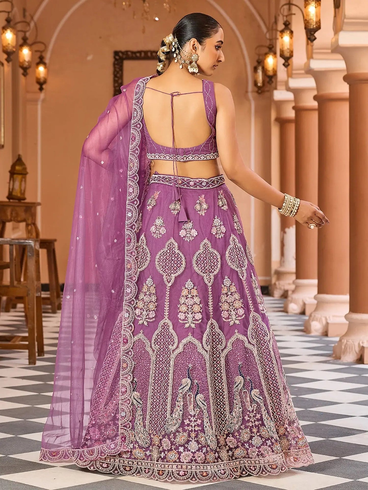 Impressive Lavender Thread Work Net Bridesmaid Lehenga Choli