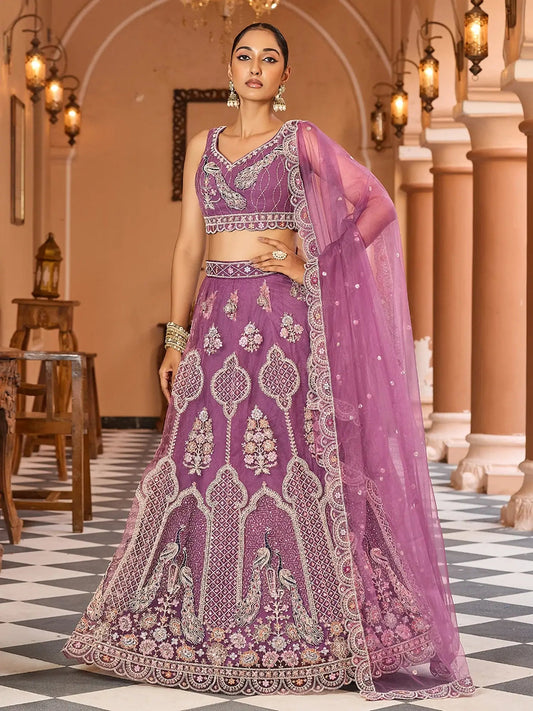 Impressive Lavender Thread Work Net Bridesmaid Lehenga Choli
