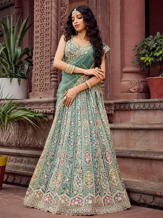Noteworthy Lime Green Net Floral Embroidery Wedding Wear Lehenga Choli