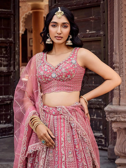 Regal Rose Gold Net Embroidered Engagement Wear Lehenga Choli With Dupatta