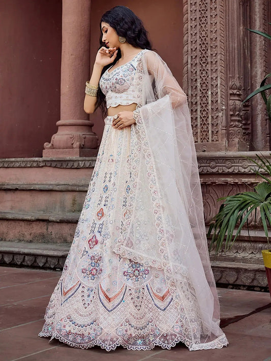 Momentous Cream Sequins Work Net Bridesmaid Lehenga Choli With Dupatta