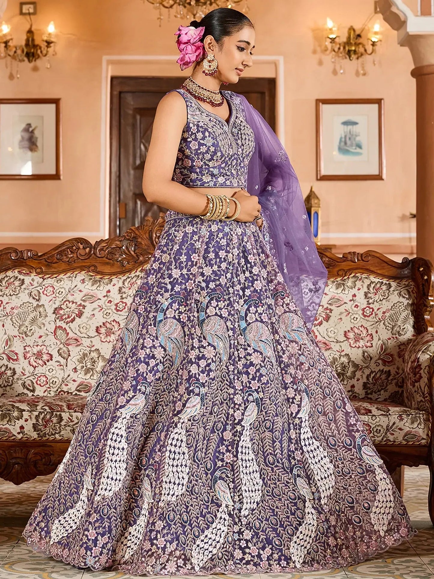 Special Purple Heavy Embroidered Net Designer Lehenga Choli With Dupatta
