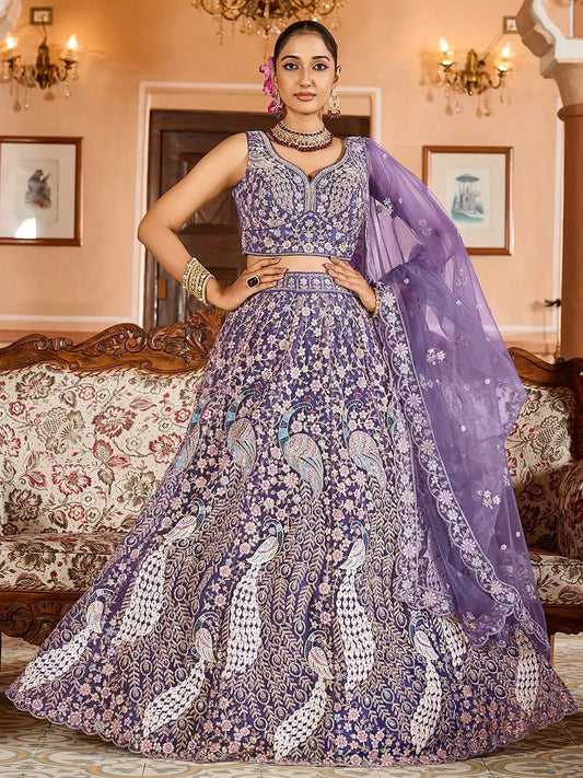 Special Purple Heavy Embroidered Net Designer Lehenga Choli With Dupatta