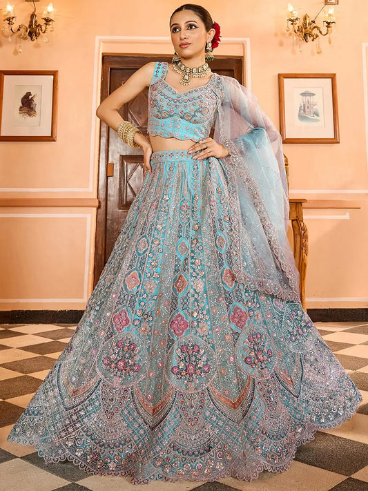 Adorable Turquoise Embroidery Net Evening Wear Lehenga Choli With Dupatta