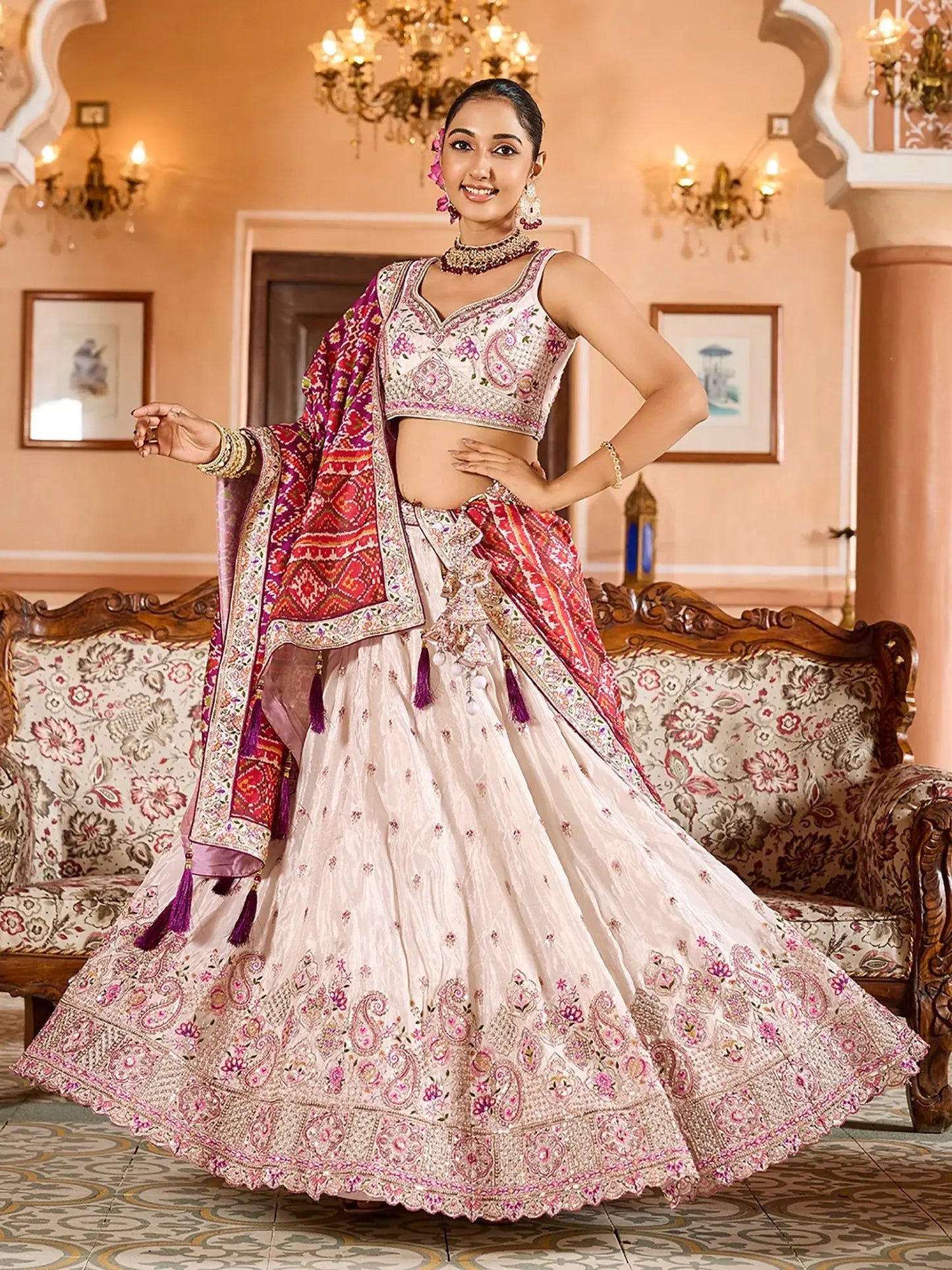 Significant Cream Embroidered Tissue Designer Lehenga Choli With Dupatta