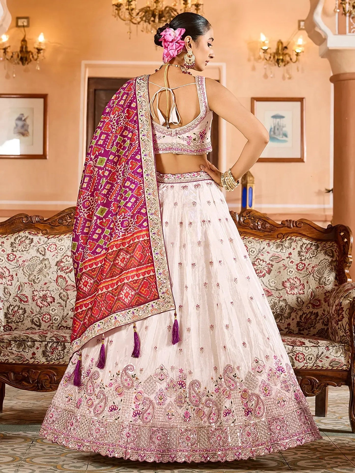 Significant Cream Embroidered Tissue Designer Lehenga Choli With Dupatta
