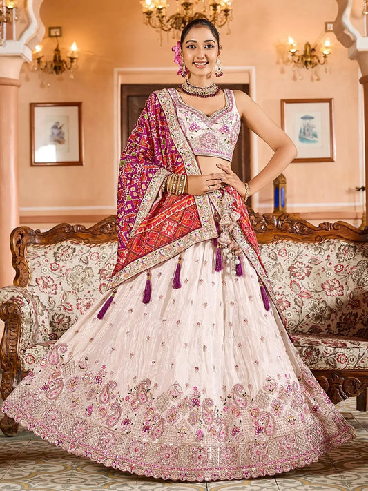 Significant Cream Embroidered Tissue Designer Lehenga Choli With Dupatta