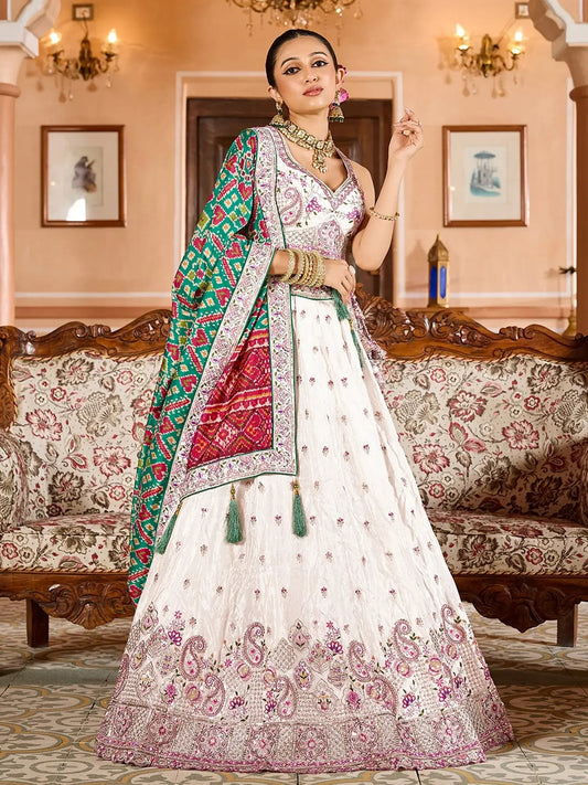 Grand Cream Tissue Evening Wear Lehenga Choli With Patola Print Dupatta