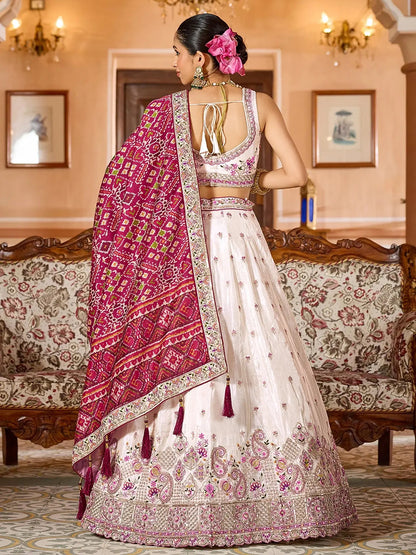 Great Cream Tissue Thread Work Marraige Wear Lehenga Choli With Dupatta
