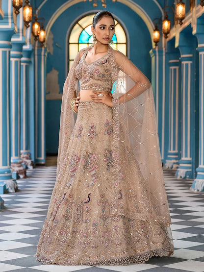 Timeless Beige Net Floral Embroidered Bridesmaid Lehenga With Blouse