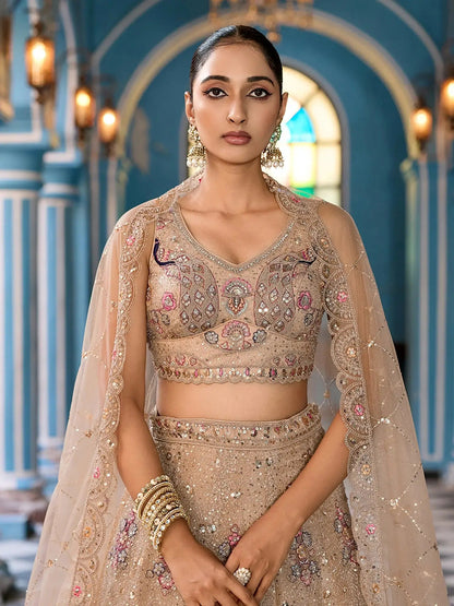 Timeless Beige Net Floral Embroidered Bridesmaid Lehenga With Blouse