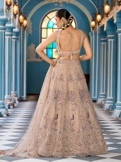 Timeless Beige Net Floral Embroidered Bridesmaid Lehenga With Blouse