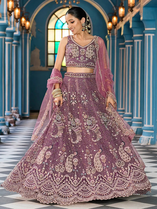 Notable Lavender Net Floral Embroidered Reception Wear Lehenga Choli