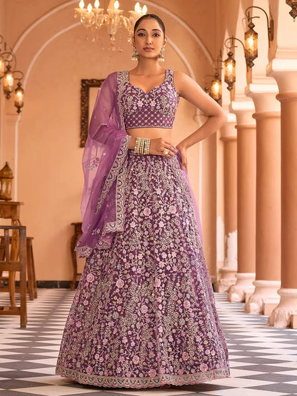 Glorious Burgundy Net Thread Embroidered Engagement Lehenga Choli With Dupatta