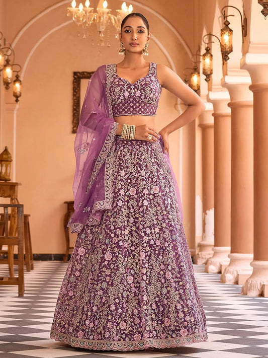 Glorious Burgundy Net Thread Embroidered Engagement Lehenga Choli With Dupatta
