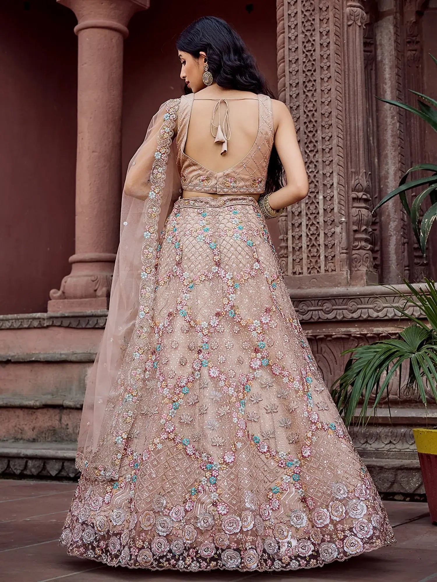 Luxurious Beige Net Floral Embroidery Function Wear Lehenga Choli With Dupatta
