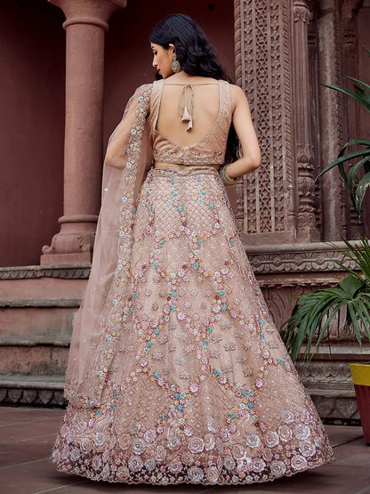 Luxurious Beige Net Floral Embroidery Function Wear Lehenga Choli With Dupatta