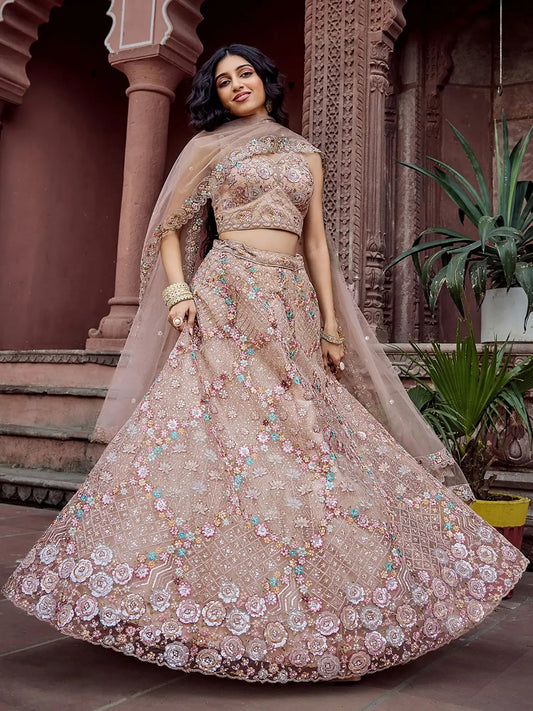 Luxurious Beige Net Floral Embroidery Function Wear Lehenga Choli With Dupatta