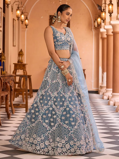 Ravishing Teal Blue Net Embroidered Engagement Wear Lehenga With Blouse