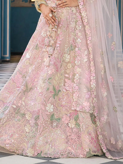 Admirable Cream Sequins Embroidery Net Bridesmaid Lehenga Choli With Dupatta