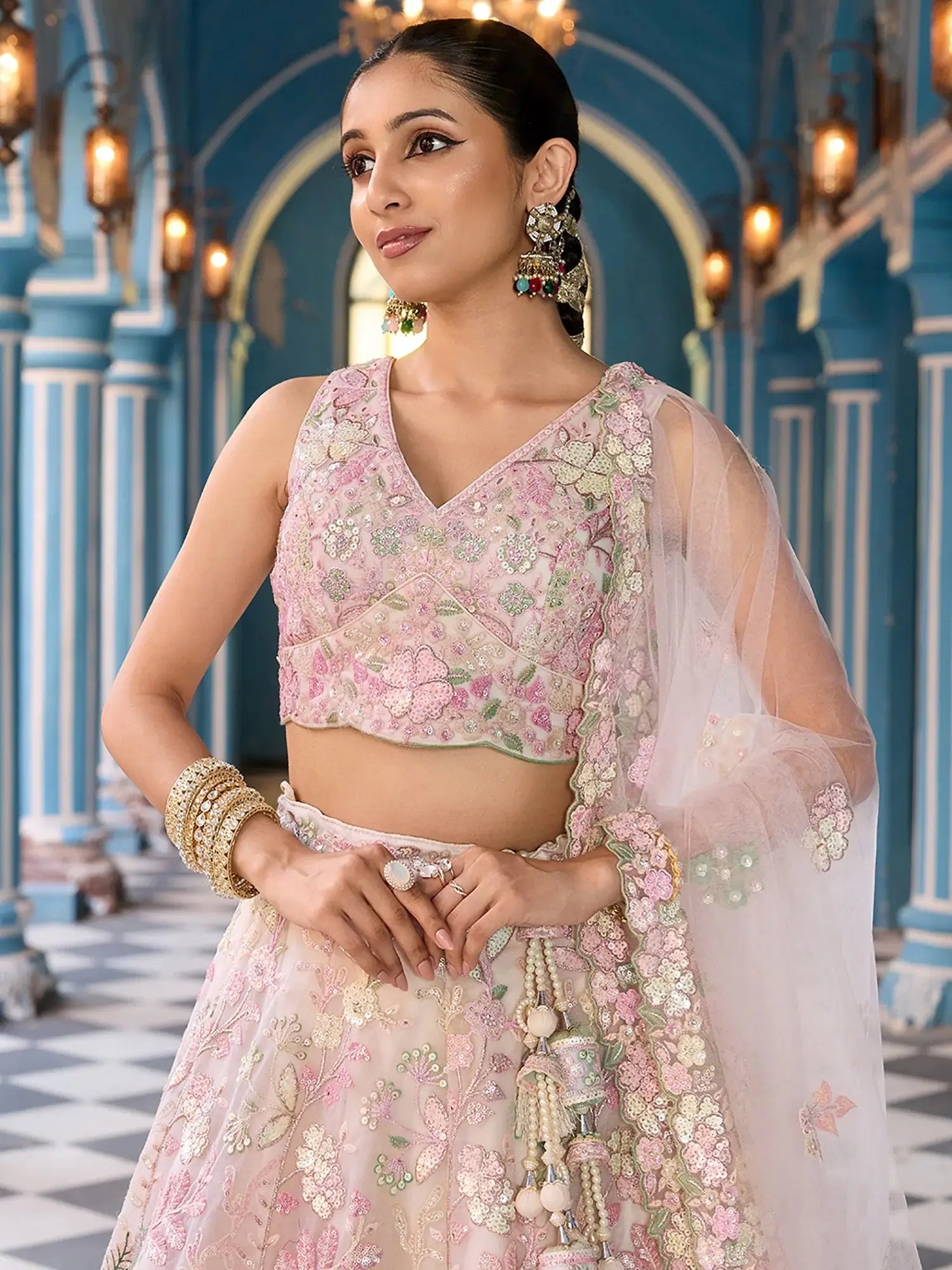 Admirable Cream Sequins Embroidery Net Bridesmaid Lehenga Choli With Dupatta