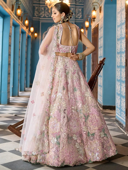 Admirable Cream Sequins Embroidery Net Bridesmaid Lehenga Choli With Dupatta