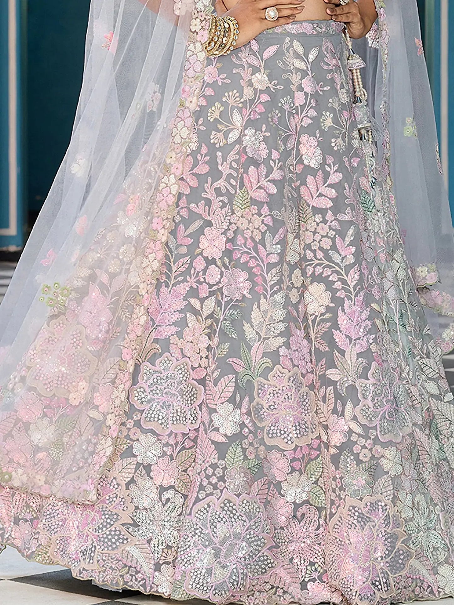 Perfect Grey Floral Embroidery Net Sangeet Wear Lehenga Choli With Dupatta