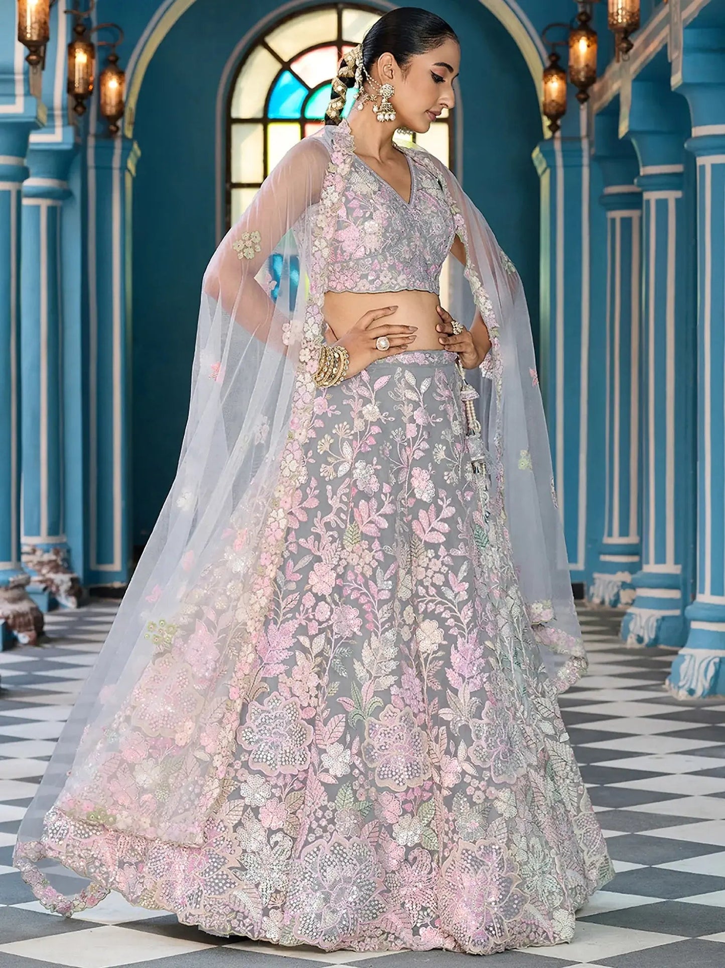 Perfect Grey Floral Embroidery Net Sangeet Wear Lehenga Choli With Dupatta