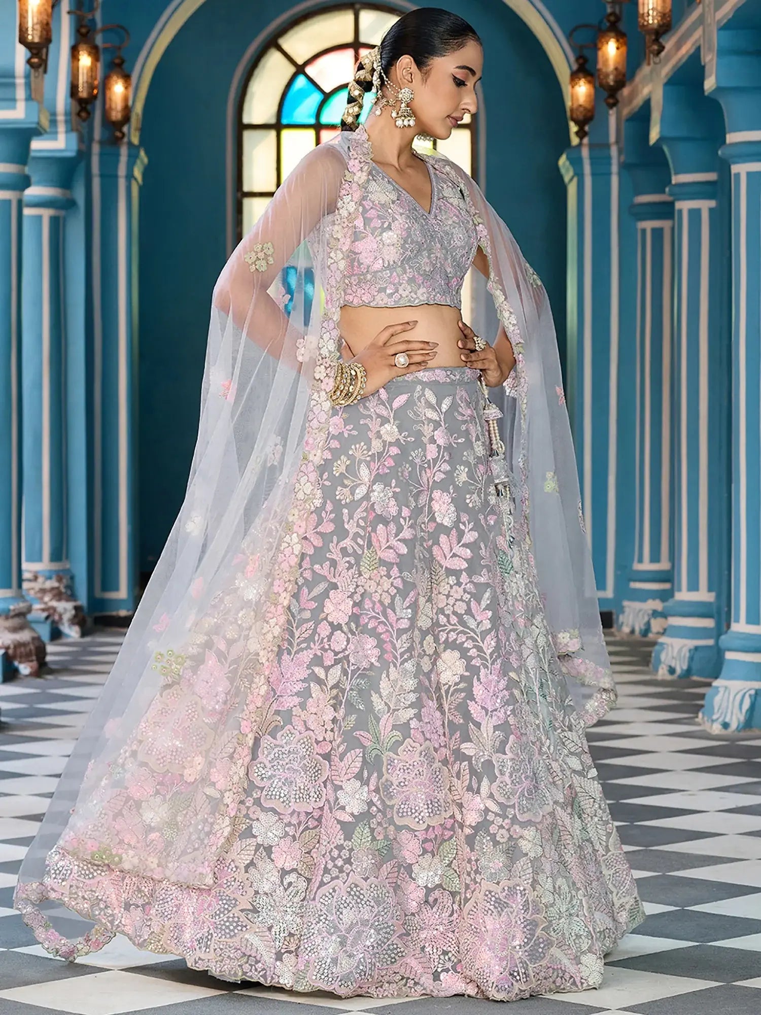 Perfect Grey Floral Embroidery Net Sangeet Wear Lehenga Choli With Dupatta