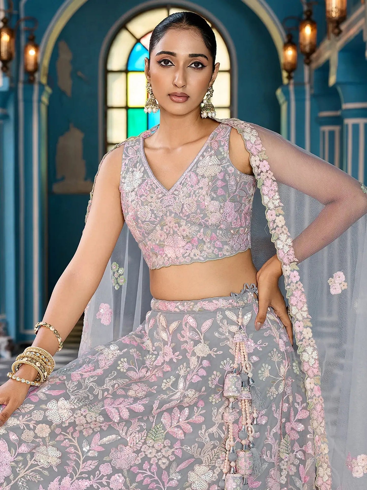 Perfect Grey Floral Embroidery Net Sangeet Wear Lehenga Choli With Dupatta