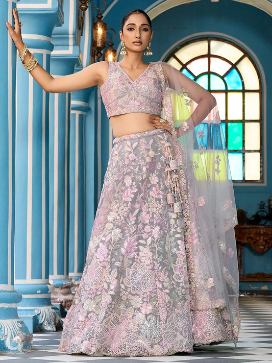 Perfect Grey Floral Embroidery Net Sangeet Wear Lehenga Choli With Dupatta