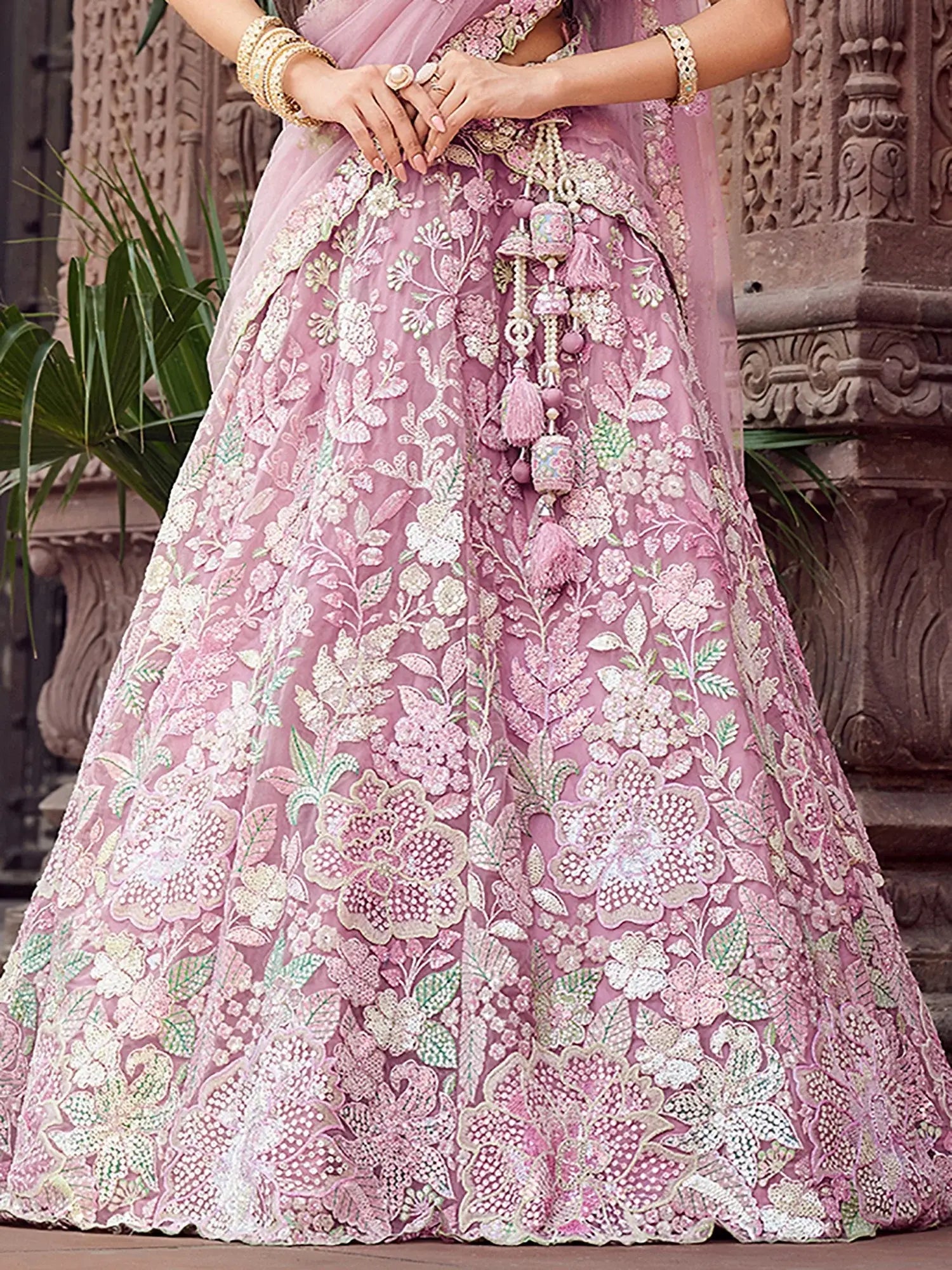 Pretty Pink Thread Embroidery Net Reception Wear Lehenga With Blouse