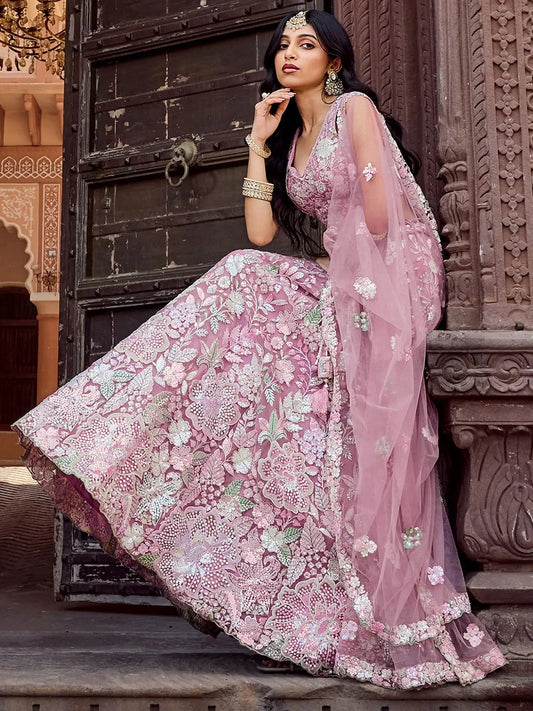 Pretty Pink Thread Embroidery Net Reception Wear Lehenga With Blouse