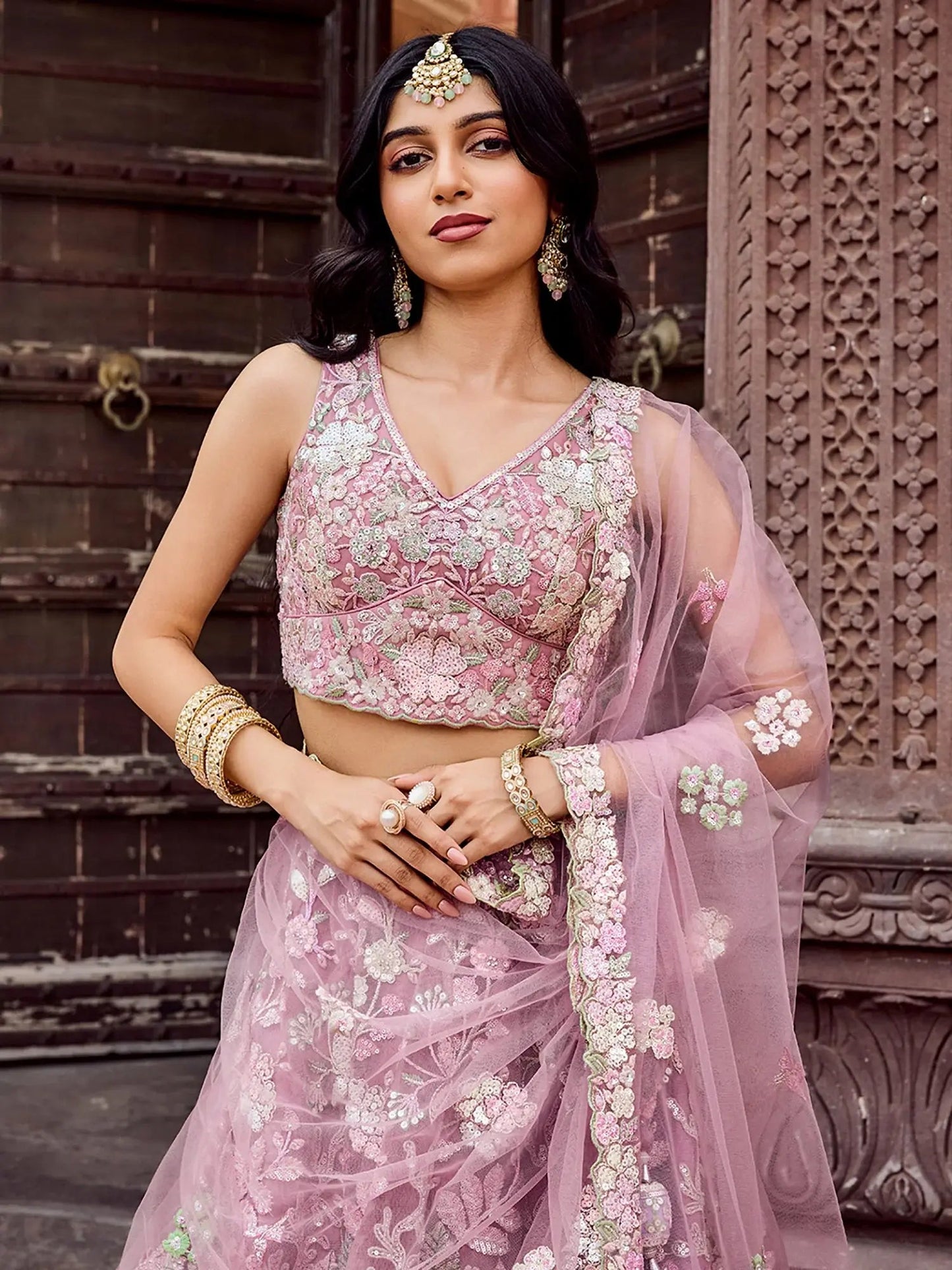 Pretty Pink Thread Embroidery Net Reception Wear Lehenga With Blouse